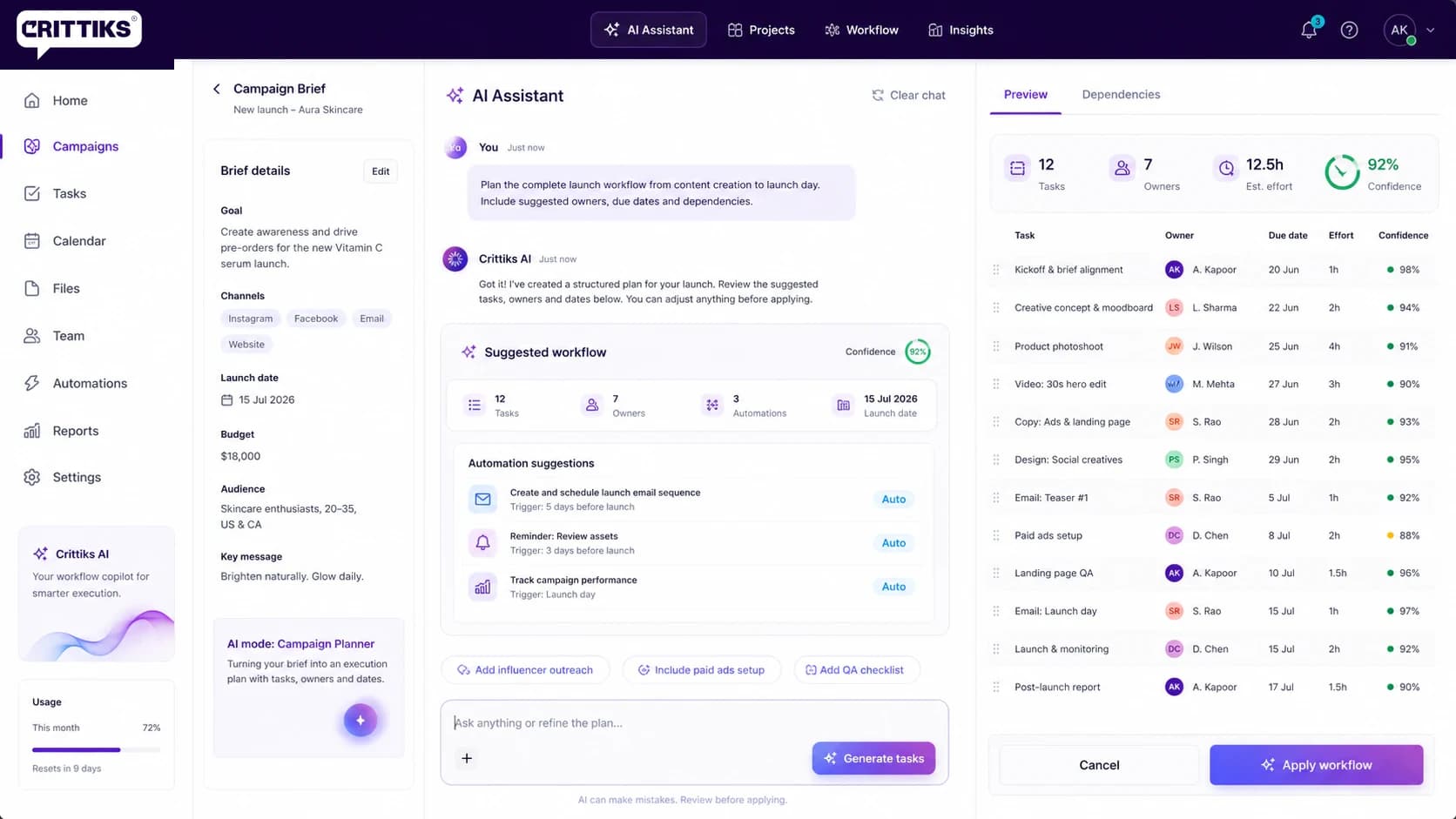 AI Workflow Assistant wireframe