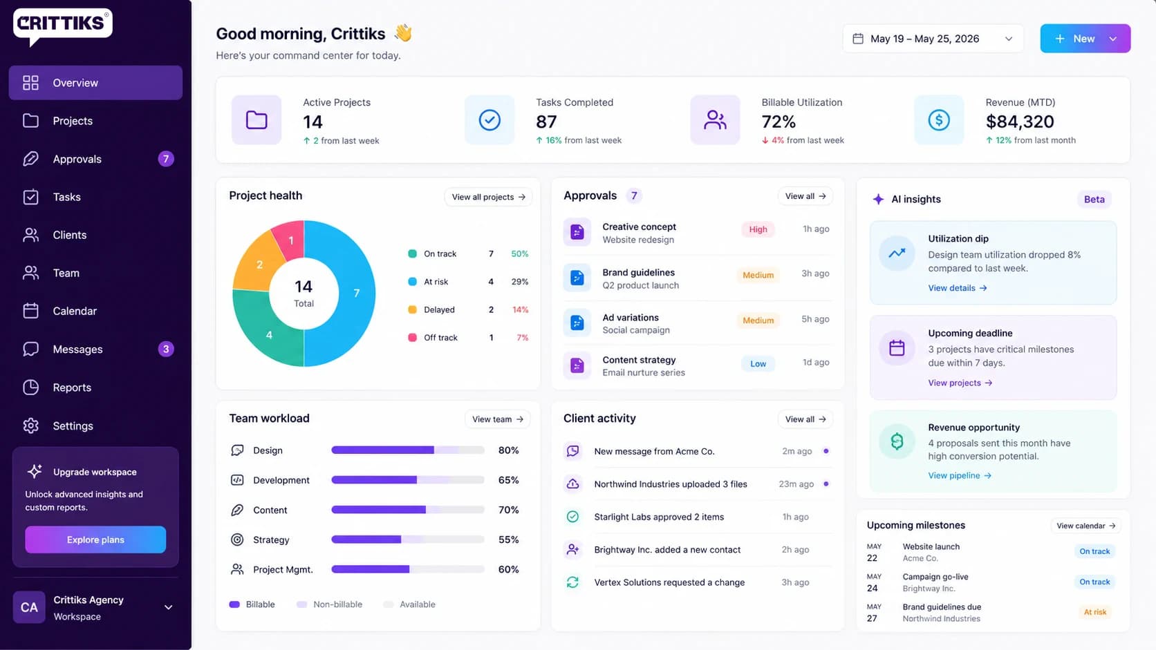 Crittiks dashboard preview