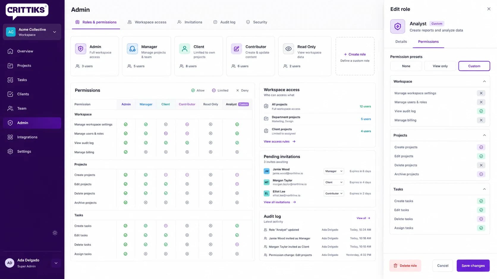 Roles, Permissions & Guests wireframe