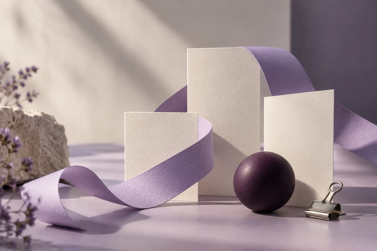 Sculptural paper ribbon connecting a collection of cards