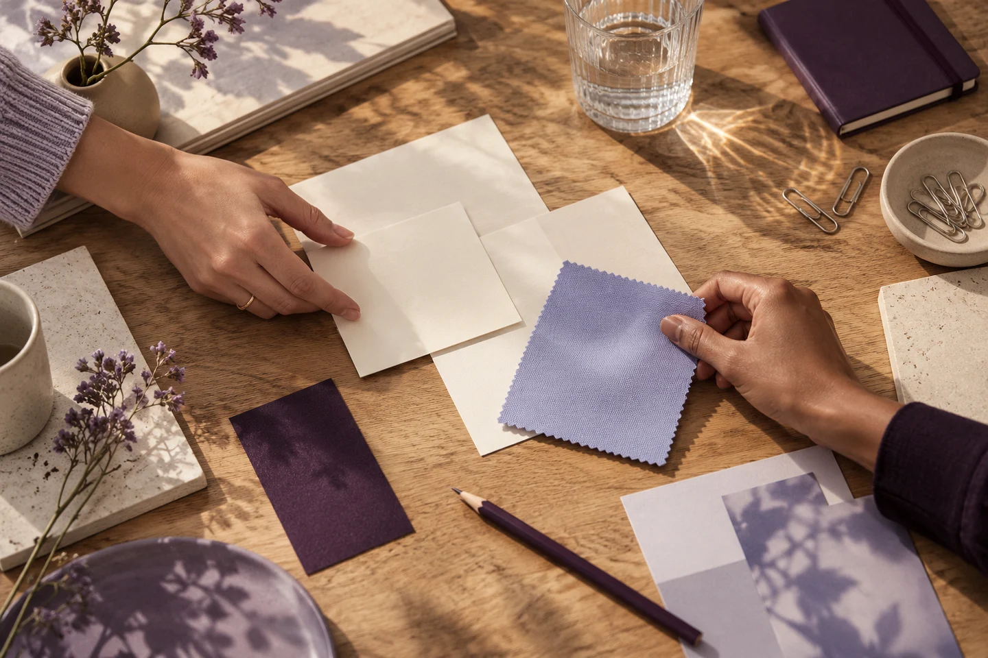 Conceptual editorial artwork of collaborators arranging materials