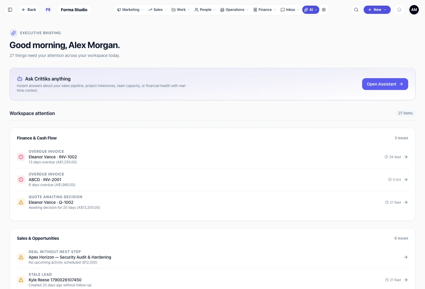 Current Crittiks AI suite in a demo workspace